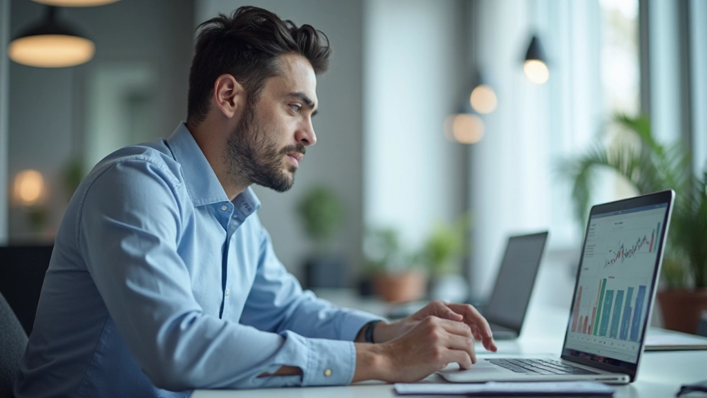 Аналитик работает с данными на компьютере в офисе