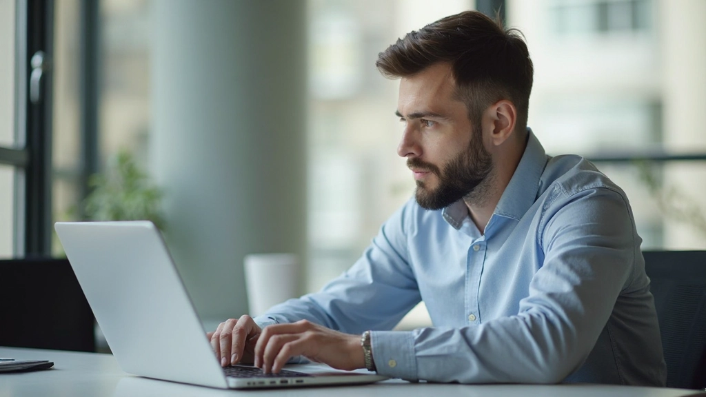 Профессионал работает за компьютером с учебными материалами