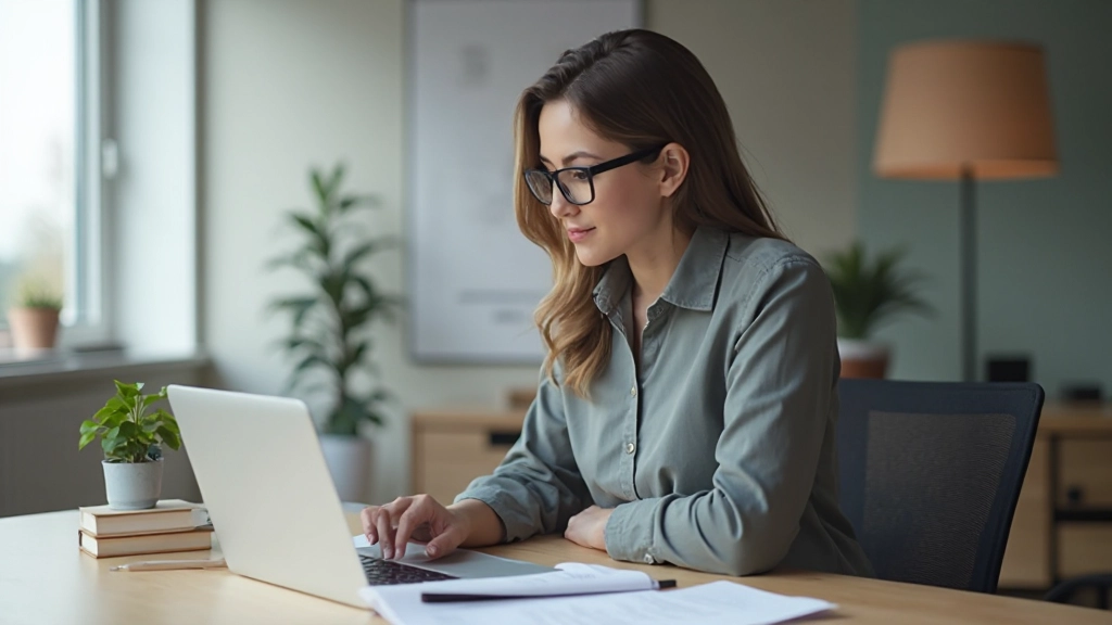 Профессионал работает за компьютером с учебными материалами