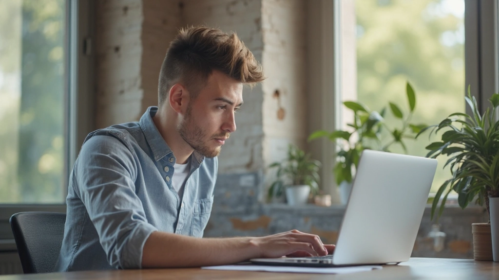 Студент работает с онлайн-курсом на ноутбуке в домашнем офисе